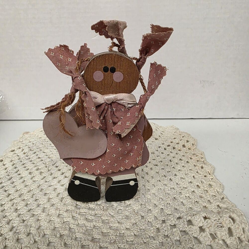 Vtg Little Girl Country Heart Shelf Sitter Dress Pigtails Grandmacore Cottagecor